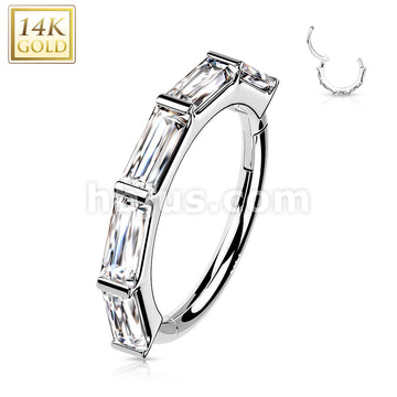 14KT  Gold 14K Gold Hinged Segment Hoop Ring Lined with Baguette CZ - Image 3