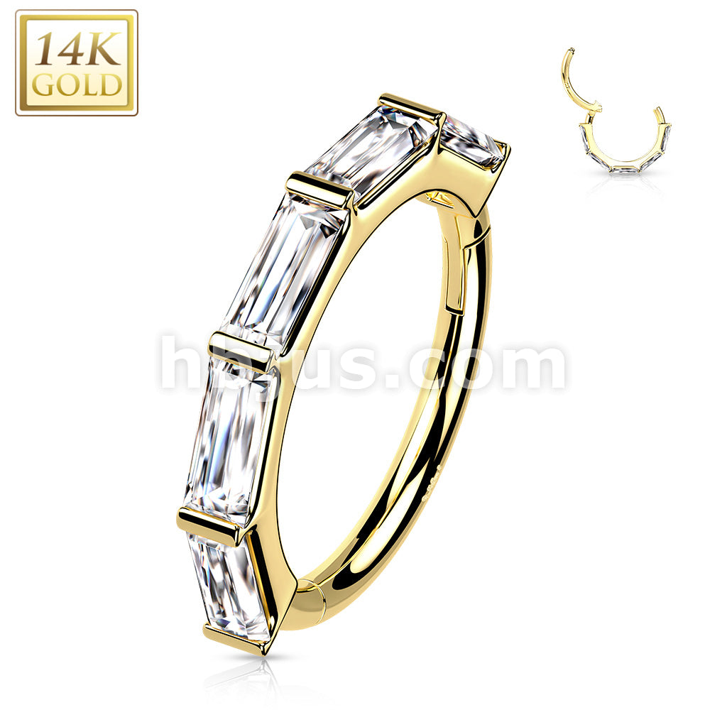 14K Gold Hinged Segment Hoop Ring Lined with Baguette CZ  - Image 4