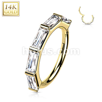 14K Gold Hinged Segment Hoop Ring Lined with Baguette CZ  - Image 4