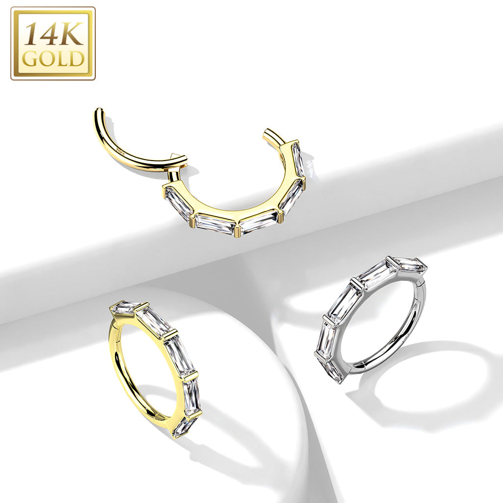 14K Gold Hinged Segment Hoop Ring Lined with Baguette CZ