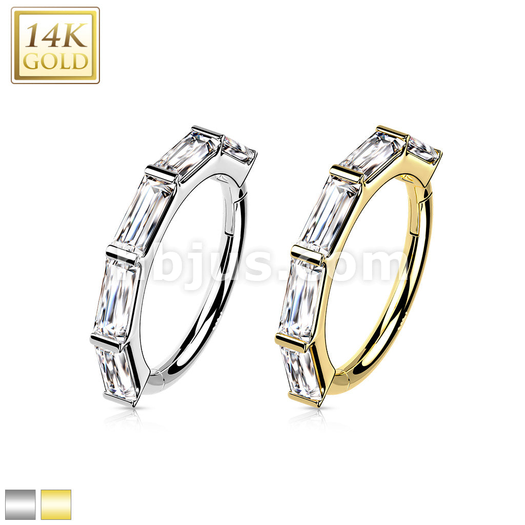 14KT  Gold 14K Gold Hinged Segment Hoop Ring Lined with Baguette CZ - Image 2