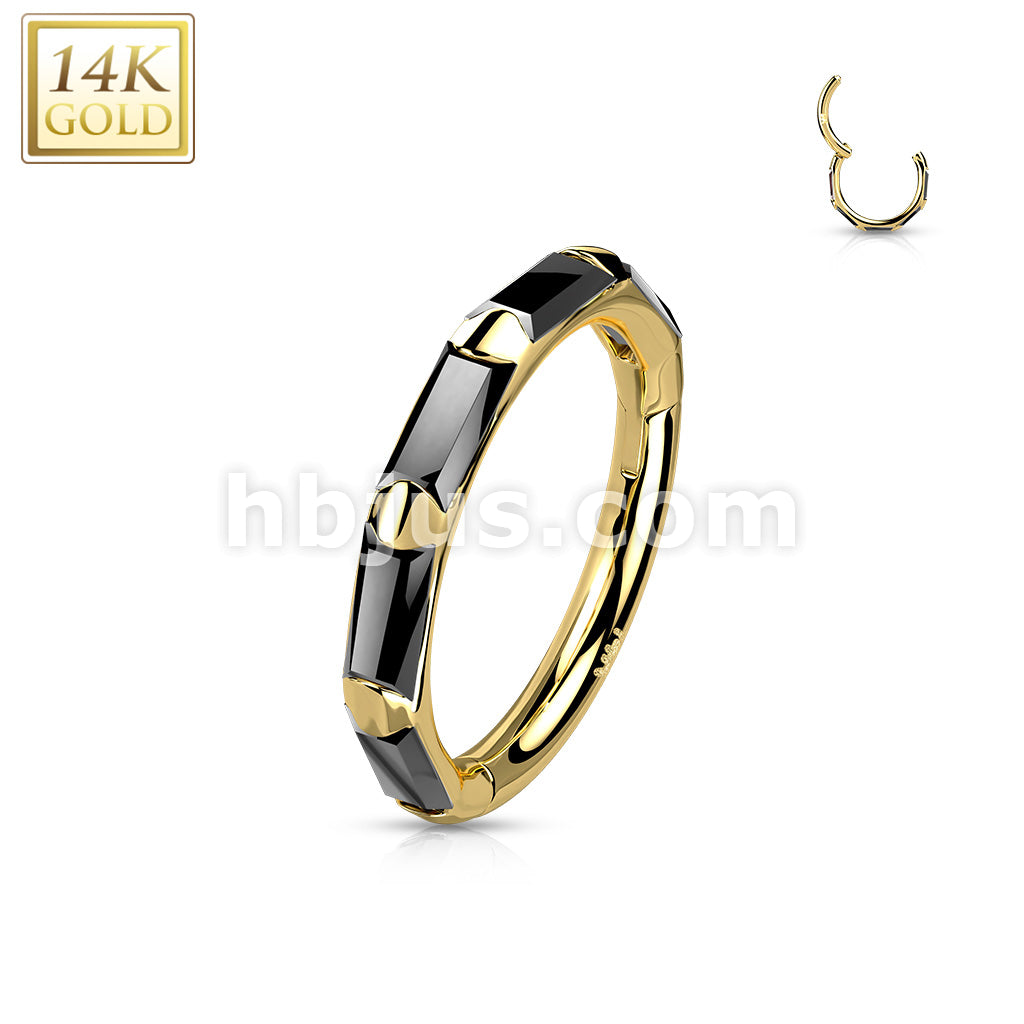 14K Gold Hinged Segment Hoop Rings with Outward Facing Rectangular Baguette CZ - Image 5