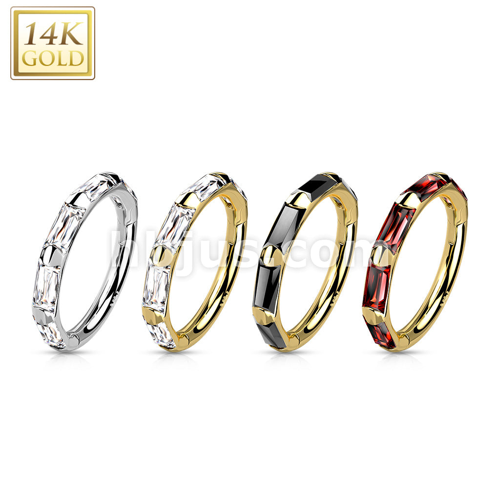 14K Gold Hinged Segment Hoop Rings with Outward Facing Rectangular Baguette CZ - Image 8
