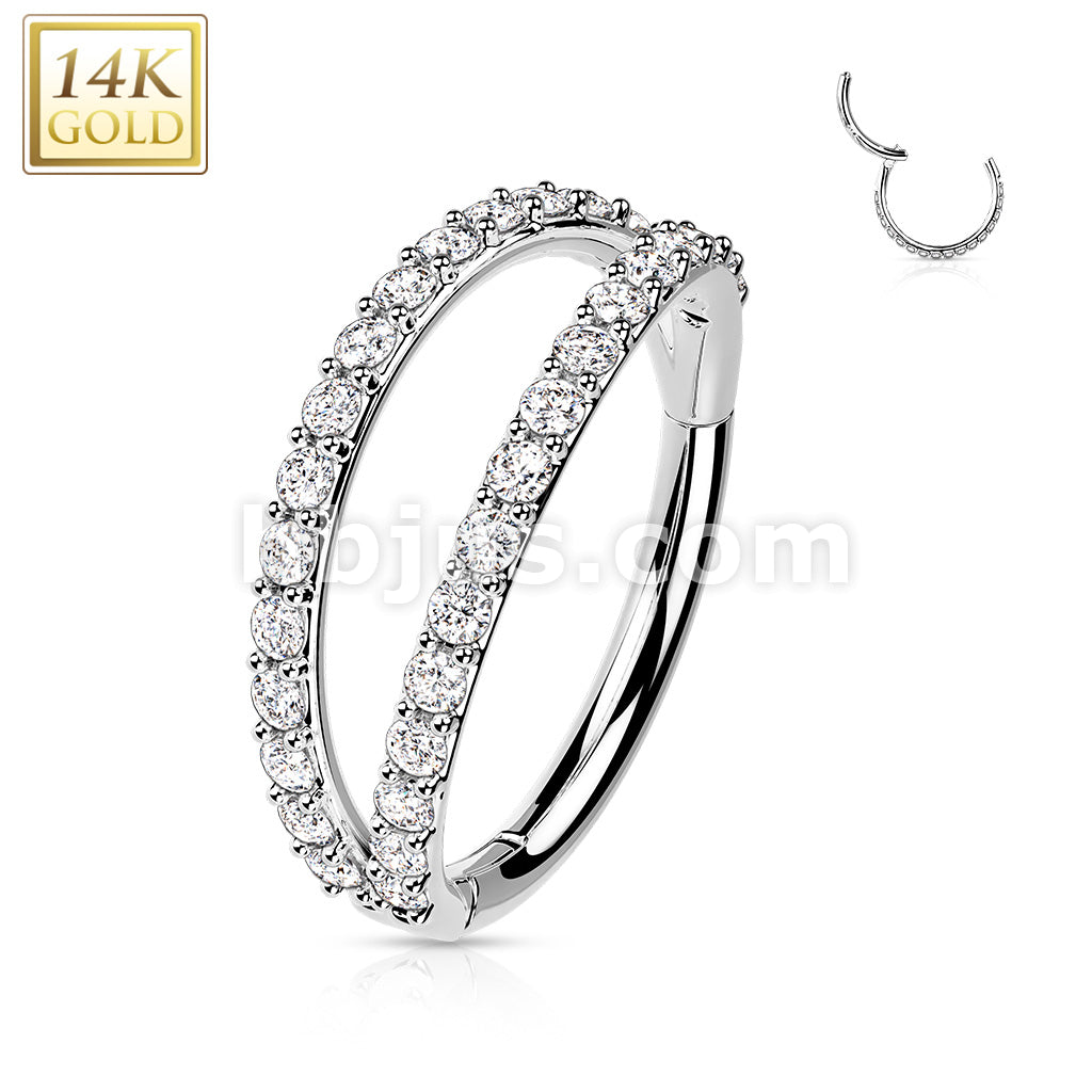 14K Gold Hinged Segment Hoop Ring With Separating Double Lined CZ or... - Image 4