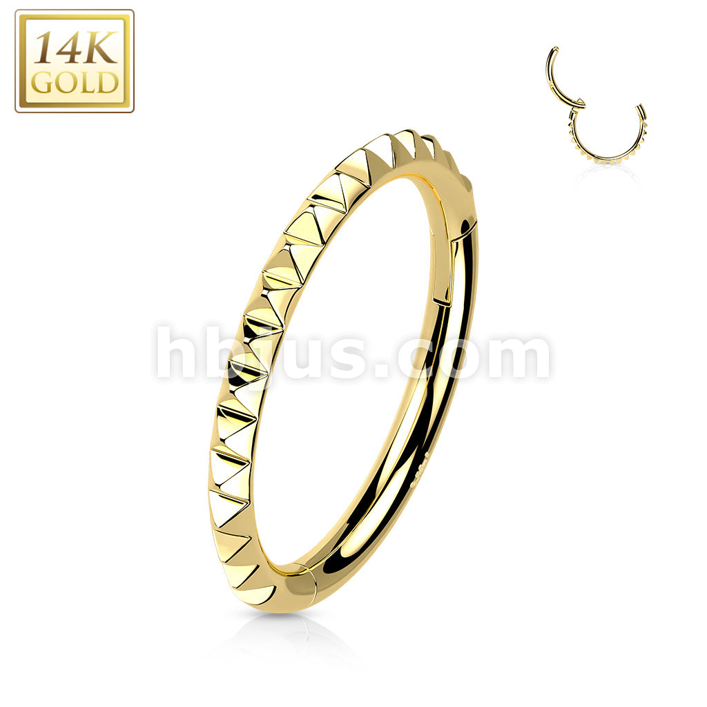 14K Gold Hinged Segment Hoop Ring with Side Facing Pyramid Cut  - Image 4