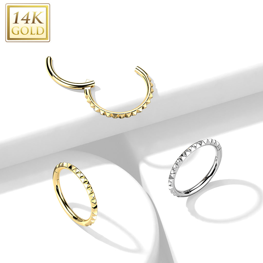14K Gold Hinged Segment Hoop Ring with Side Facing Pyramid Cut