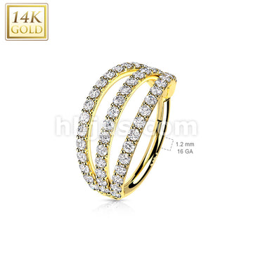 14KT  Gold 14K Gold Hinged Segment Hoop Rings with Triple Layer Paved CZ - Image 5