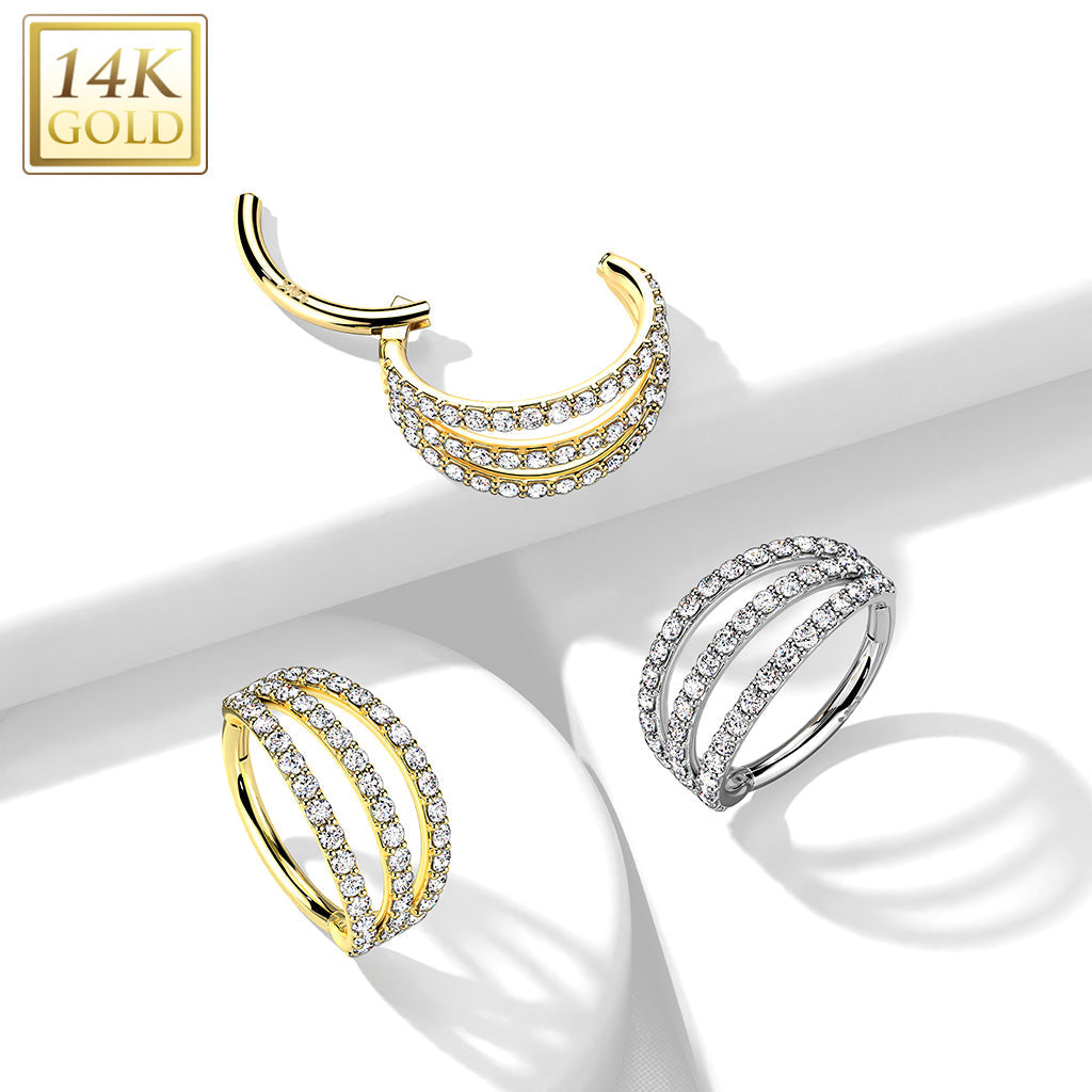 14K Gold Hinged Segment Hoop Rings with Triple Layer Paved CZ