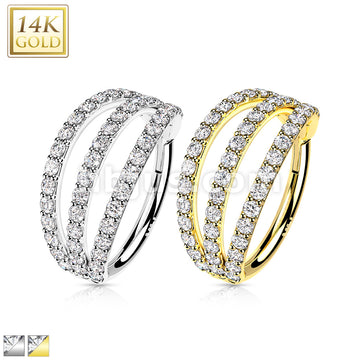 14KT  Gold 14K Gold Hinged Segment Hoop Rings with Triple Layer Paved CZ - Image 2