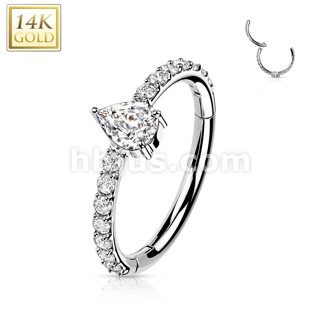 14KT  Gold 14K Gold Hinged Segment Hoop Ring with CZ Paved and Tear... - Image 4