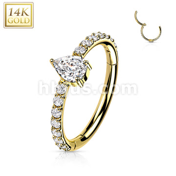 14K Gold Hinged Segment Hoop Ring with CZ Paved and Tear DropOpal or CZ Center - Image 6