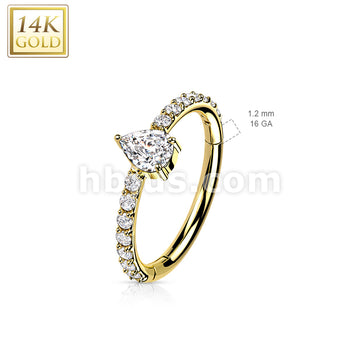 14K Gold Hinged Segment Hoop Ring with CZ Paved and Tear DropOpal or CZ Center - Image 7