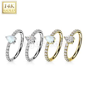 14K Gold Hinged Segment Hoop Ring with CZ Paved and Tear DropOpal or CZ Center - Image 8
