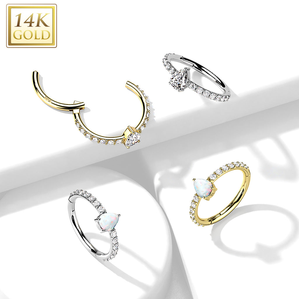 14KT Gold 14K Gold Hinged Segment Hoop Ring with CZ Paved and Tear...