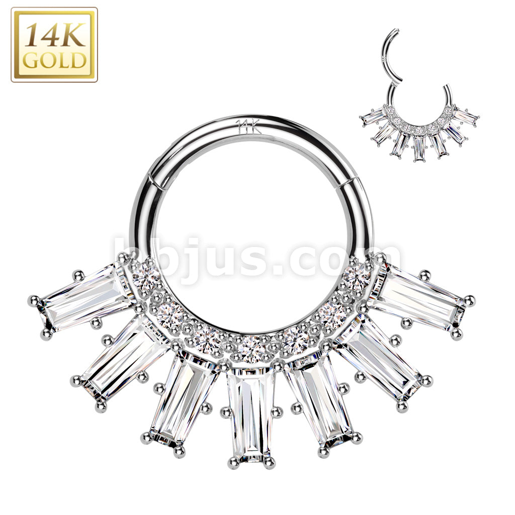 14KT  Gold 14K Gold Hinged Segment Hoop Ring With Round and Baguette CZ Fan - Image 2