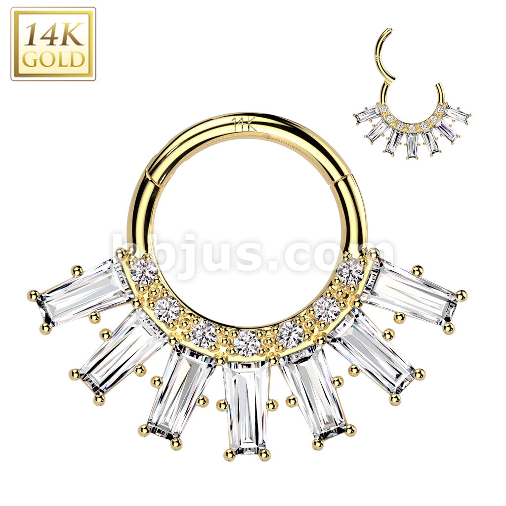 14KT  Gold 14K Gold Hinged Segment Hoop Ring With Round and Baguette CZ Fan - Image 3
