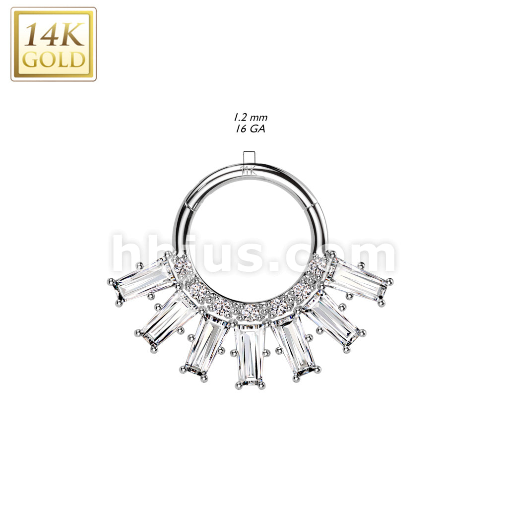 14K Gold Hinged Segment Hoop Ring With Round and Baguette CZ Fan - Image 4