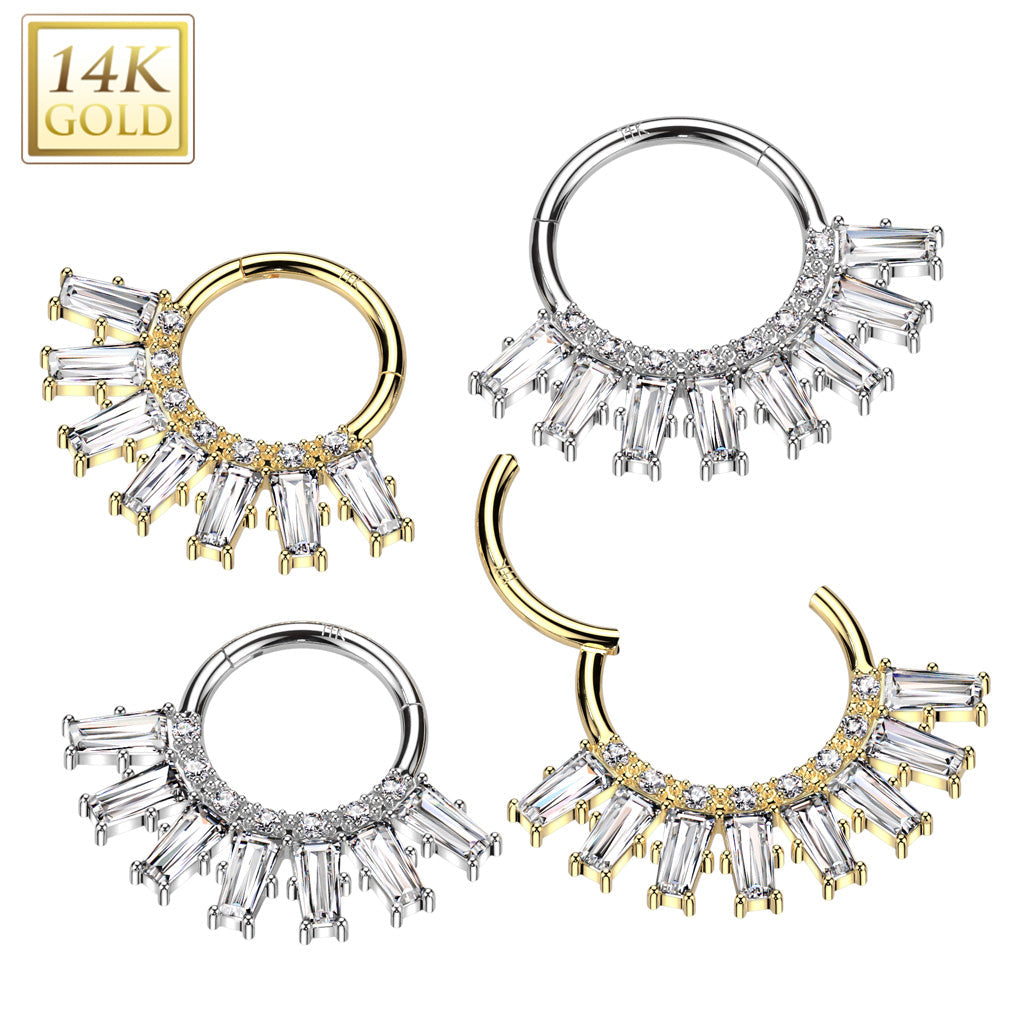 14K Gold Hinged Segment Hoop Ring With Round and Baguette CZ Fan