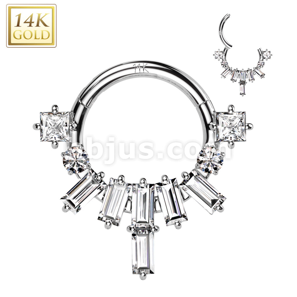 14KT  Gold 14K Gold Hinged Segment Hoop Ring With Baguette CZ Fan and... - Image 2