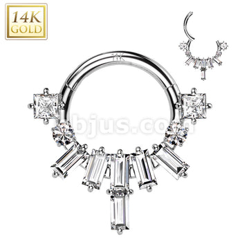 14KT  Gold 14K Gold Hinged Segment Hoop Ring With Baguette CZ Fan and... - Image 2