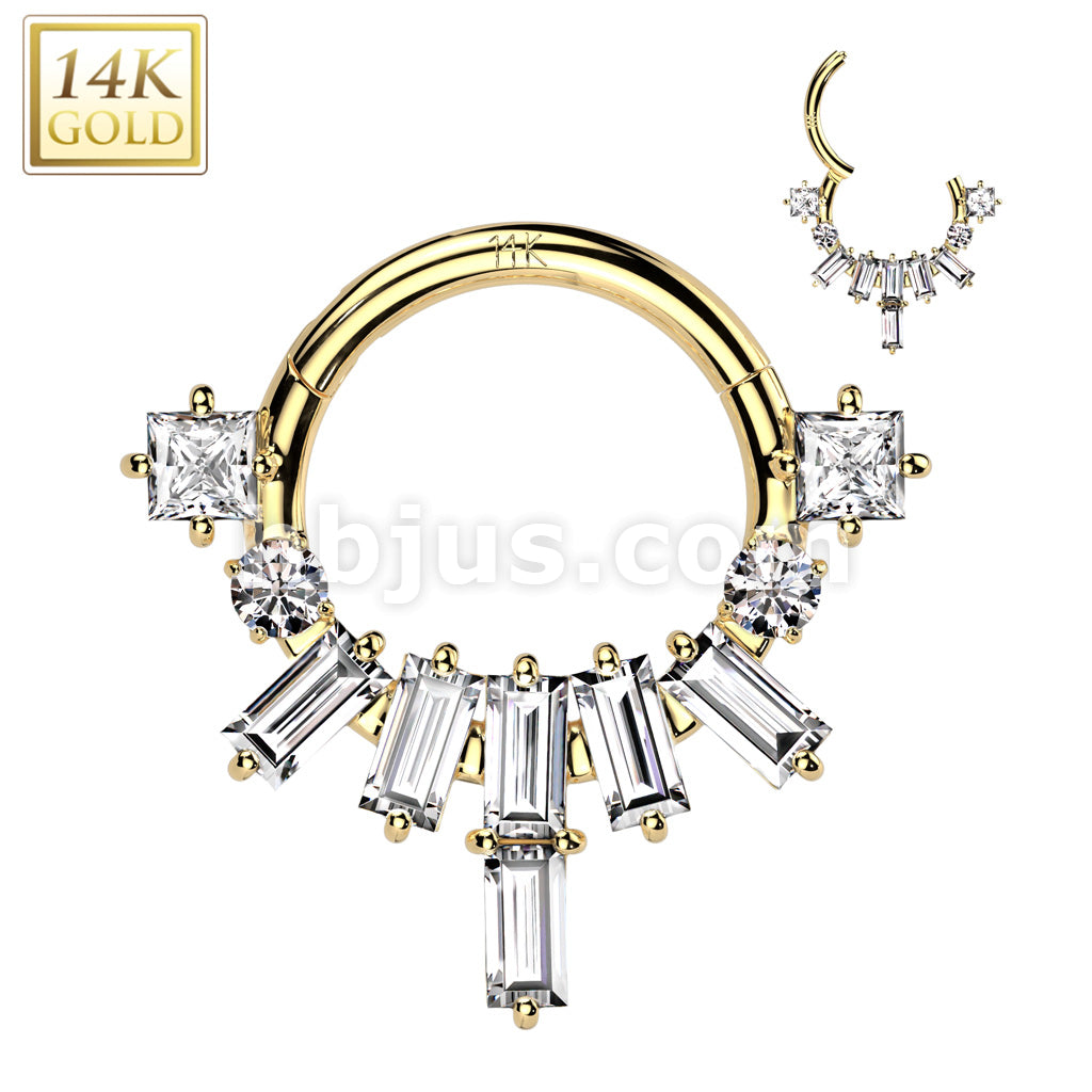 14KT  Gold 14K Gold Hinged Segment Hoop Ring With Baguette CZ Fan and... - Image 3