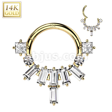 14KT  Gold 14K Gold Hinged Segment Hoop Ring With Baguette CZ Fan and... - Image 3
