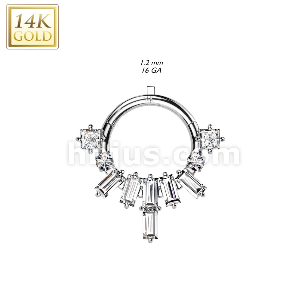 14K Gold Hinged Segment Hoop Ring With Baguette CZ Fan and Round and Princess Cut CZ on Each Side - Image 4