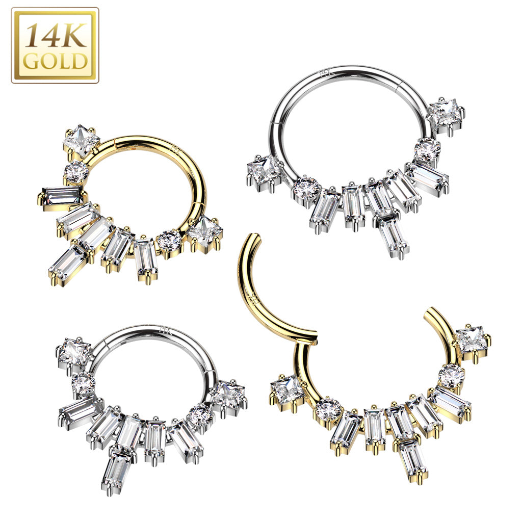 14K Gold Hinged Segment Hoop Ring With Baguette CZ Fan and Round and Princess Cut CZ on Each Side