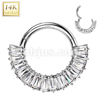 14KT  Gold 14K Gold Hinged Segment Hoop Ring Lined With 14 Baguette Cut CZ - Image 2