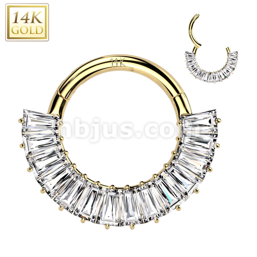 14KT  Gold 14K Gold Hinged Segment Hoop Ring Lined With 14 Baguette Cut CZ - Image 3