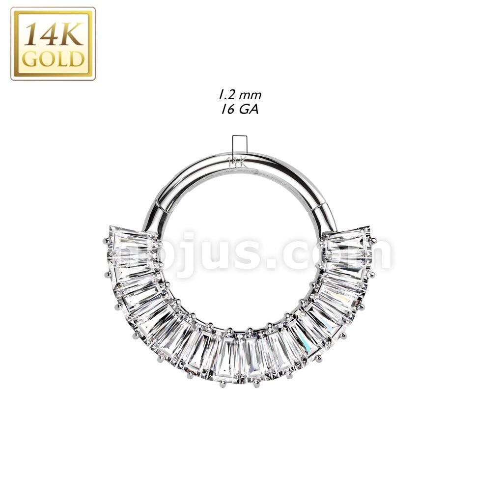 14K Gold Hinged Segment Hoop Ring Lined With 14 Baguette Cut CZ - Image 4