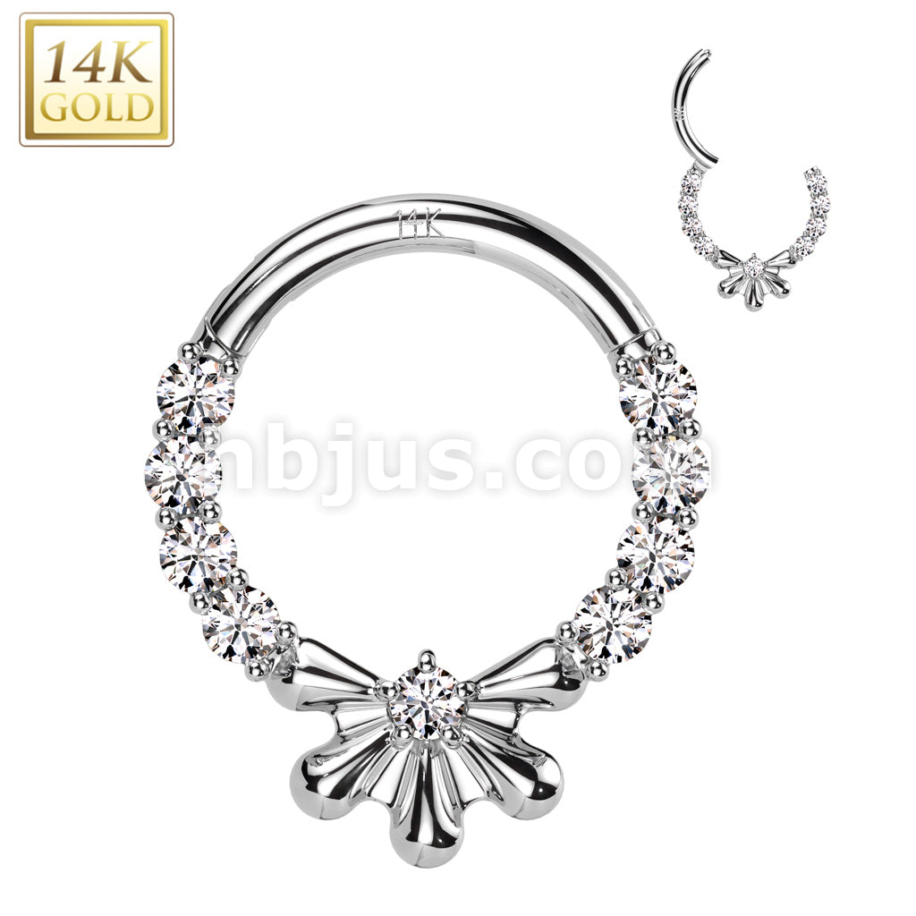 14KT  Gold 14K Gold Hinged Segment Hoop Ring With CZ Center Half Flower... - Image 2