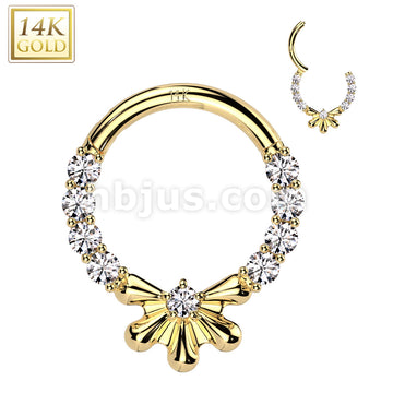 14KT  Gold 14K Gold Hinged Segment Hoop Ring With CZ Center Half Flower... - Image 3