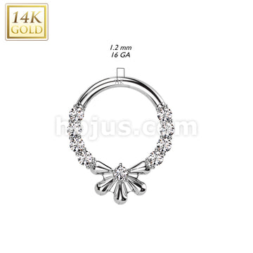 14K Gold Hinged Segment Hoop Ring With CZ Center Half Flower and Pave CZ Sides  - Image 4