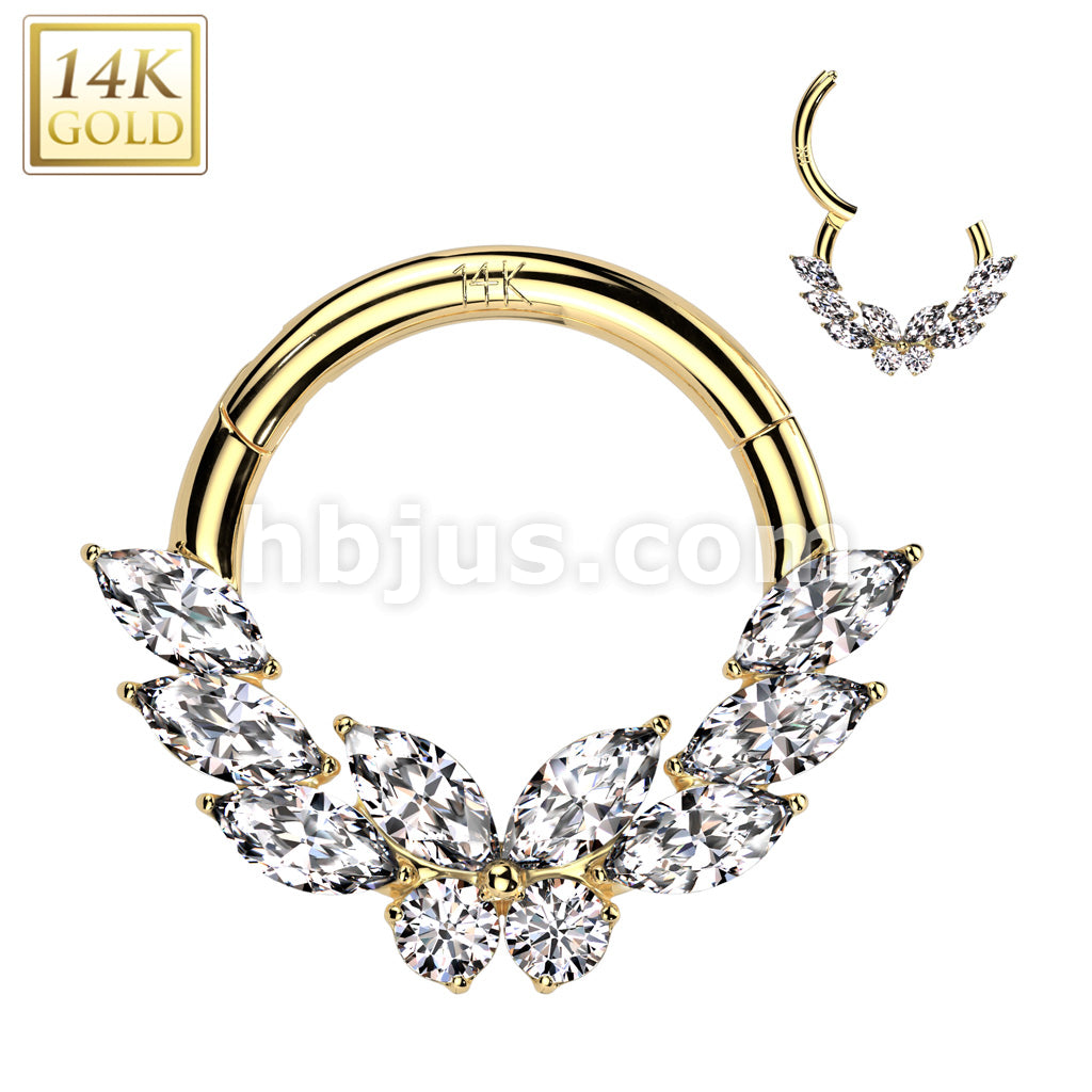 14KT  Gold 14K Gold Hinged Segment Hoop Ring With CZ Butterfly Center... - Image 3
