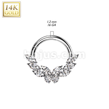 14K Gold Hinged Segment Hoop Ring With CZ Butterfly Center and 3 Marquise CZ on Each Side - Image 4