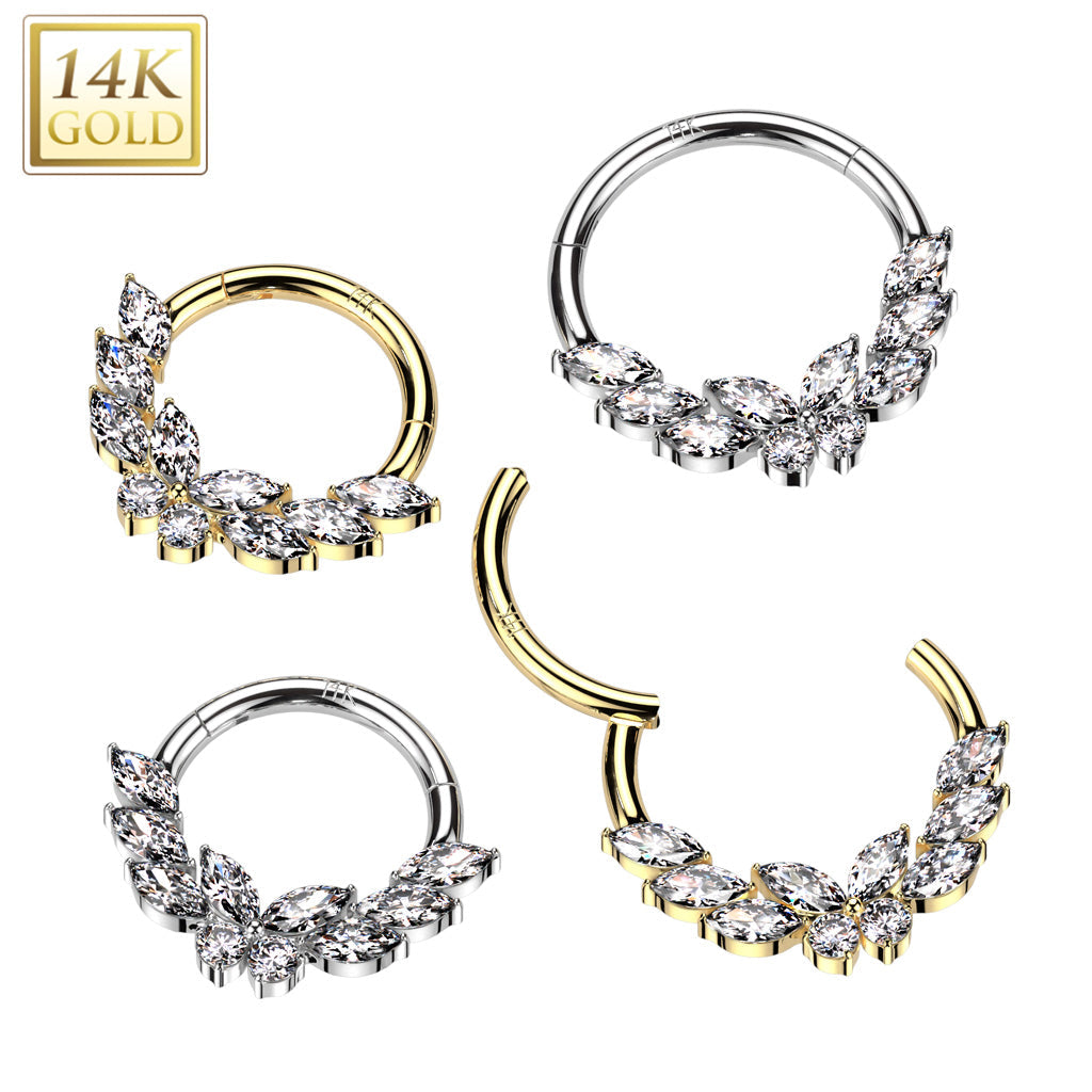 14KT Gold 14K Gold Hinged Segment Hoop Ring With CZ Butterfly Center...