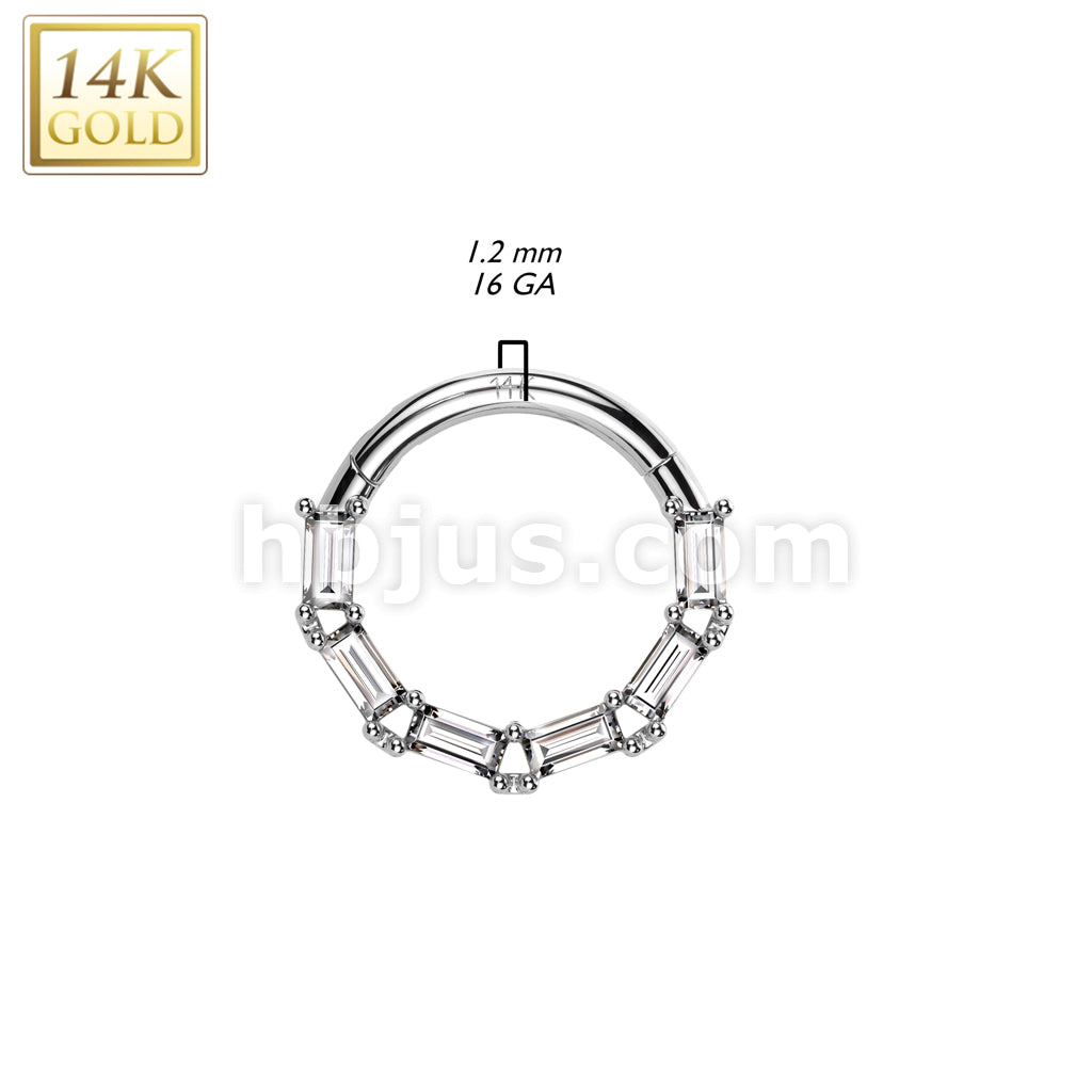 14K Gold Hinged Segment Hoop Ring With Forward Facing Baguette CZ - Image 4