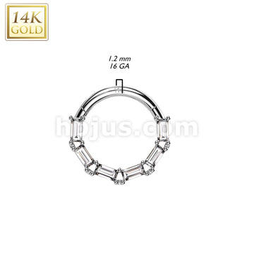 14K Gold Hinged Segment Hoop Ring With Forward Facing Baguette CZ - Image 4