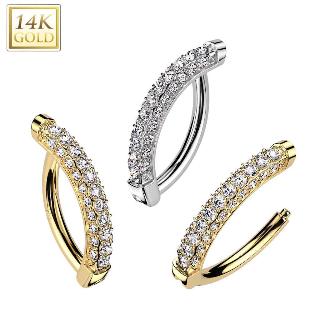 14KT Gold 14K Gold Clicker Belly Button Navel Ring With 3 CNC Pave CZ...