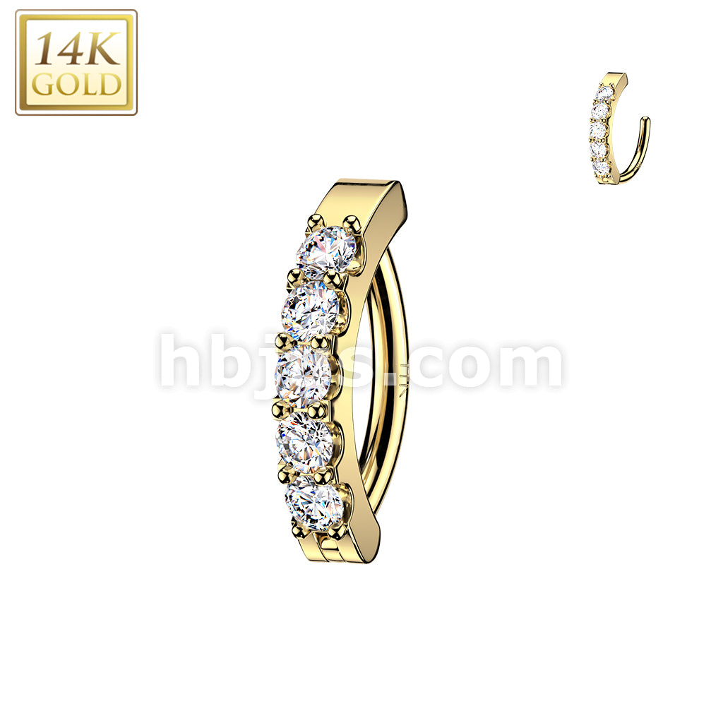 14Kt Gold 14K Gold Hinged Hoop Belly Button Ring With 5 Prong Set CZs - Image 2