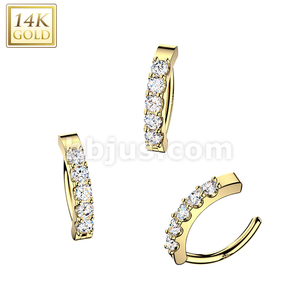 14Kt Gold 14K Gold Hinged Hoop Belly Button Ring With 5 Prong Set CZs