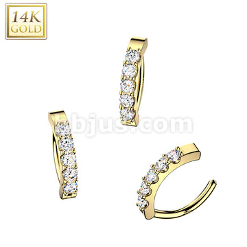14Kt Gold 14K Gold Hinged Hoop Belly Button Ring With 5 Prong Set CZs