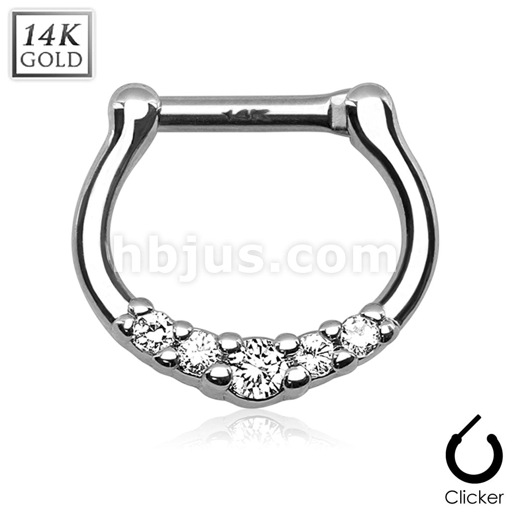 14KT  Gold Five CZ Paved 14Kt Gold Septum Clicker - Image 2