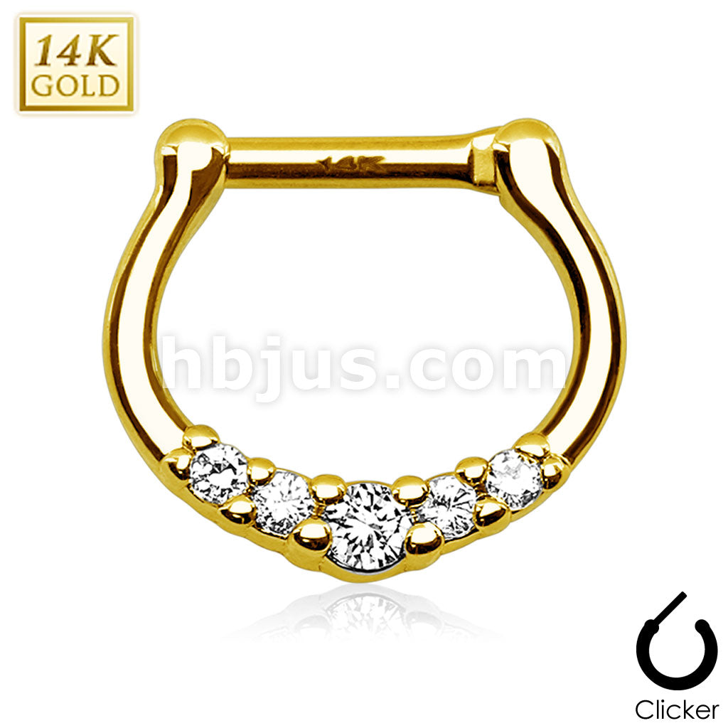 14KT  Gold Five CZ Paved 14Kt Gold Septum Clicker - Image 3