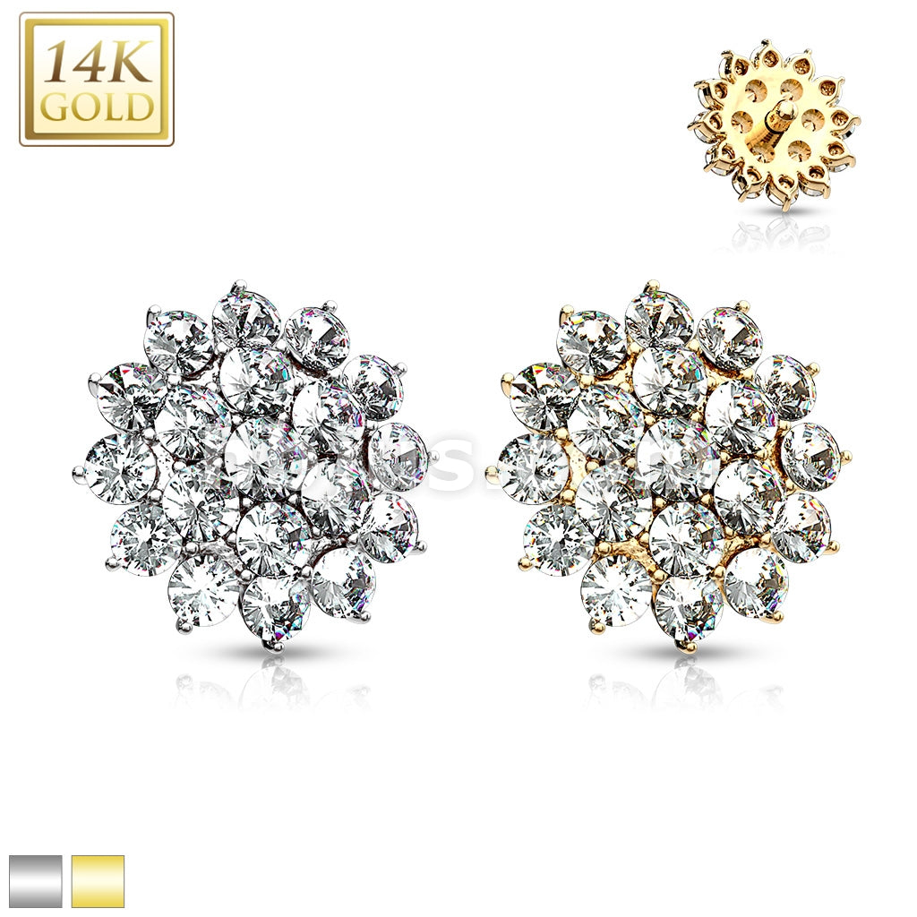 14KT  Gold 14 Kt. CZ Paved Round Flower Dermal Anchor Top - Image 2