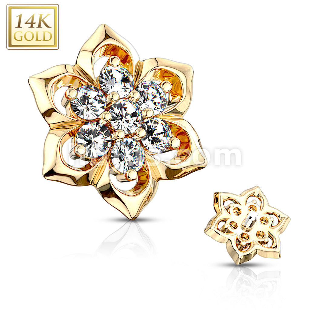 14KT  Gold 14K Double Tiered 7 CZ Cluster Center Flower Dermal Anchor Top - Image 4