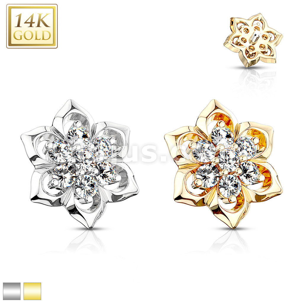 14KT  Gold 14K Double Tiered 7 CZ Cluster Center Flower Dermal Anchor Top - Image 2