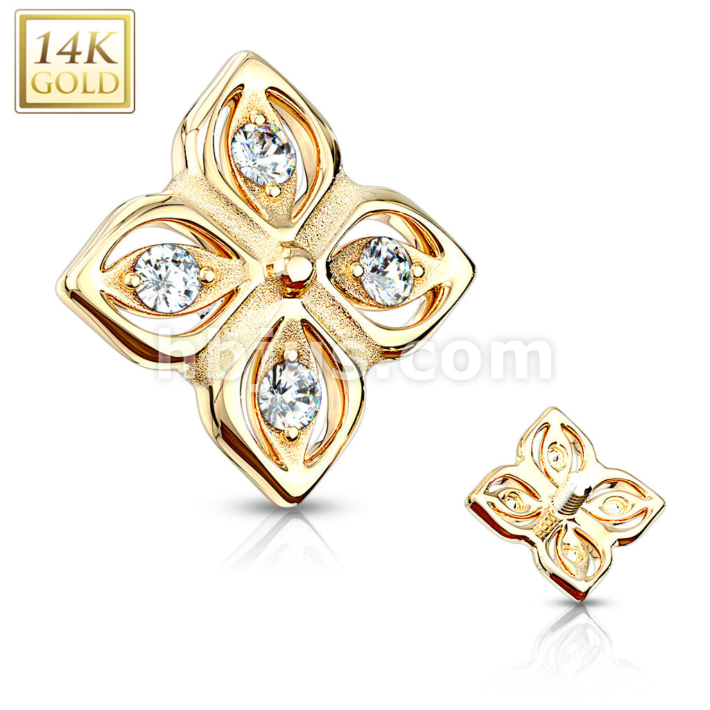 14KT  Gold 14K Gold 4 CZ Paved Petal Flower Dermal Anchor Top - Image 4
