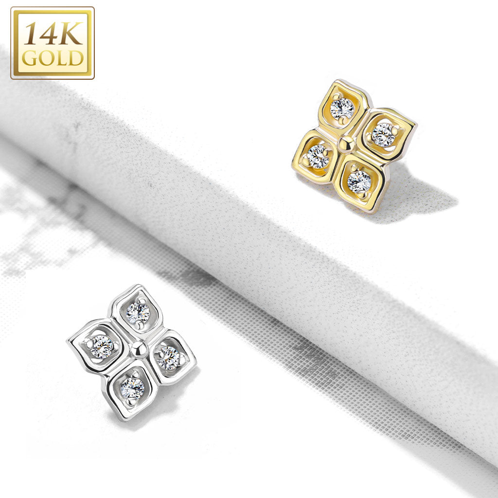 14KT Gold 14K Gold 4 CZ Paved Petal Flower Dermal Anchor Top
